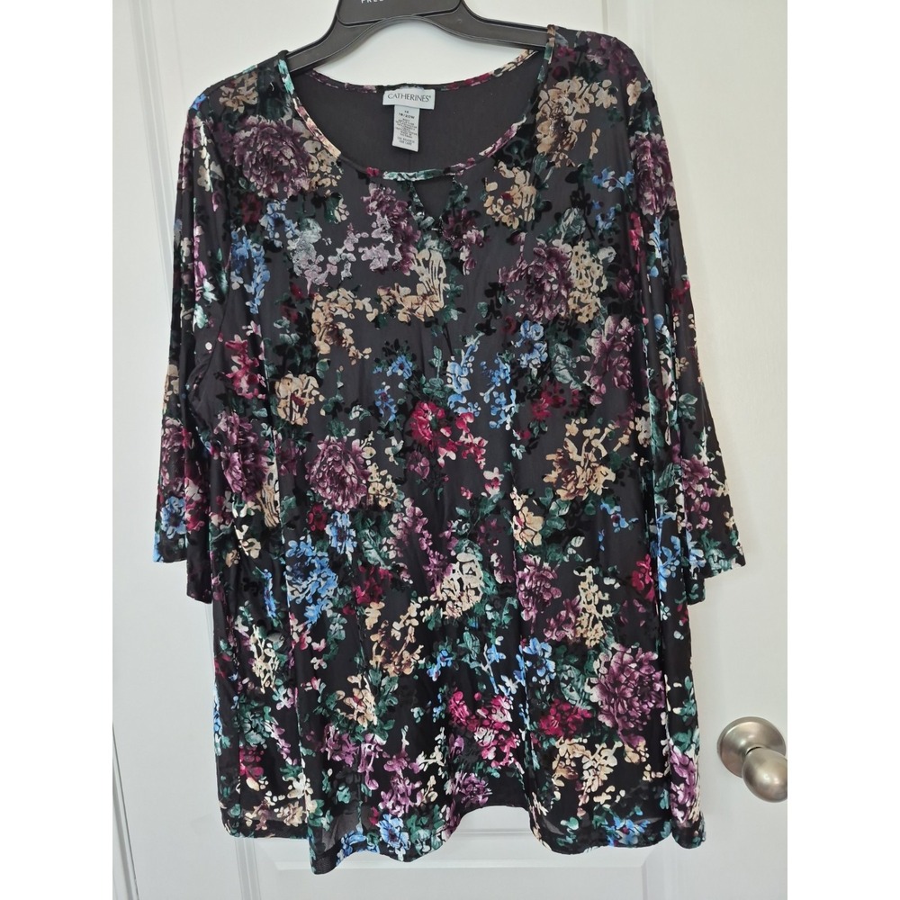 Catherine's XL 18/20 Burnout Velvet Black with Floral Tunic Swing Top 3/4 Sleeve